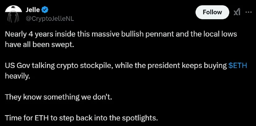 Ethereumは4年間の強気ペナントを経てブレイクアウトの準備が整っています。 出典: Jelle (X) 👉 投稿を見る