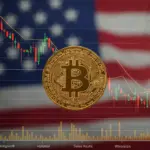 ビットコイン価格が8万ドルを下回る下落チャートと米国の関税政策イメージ