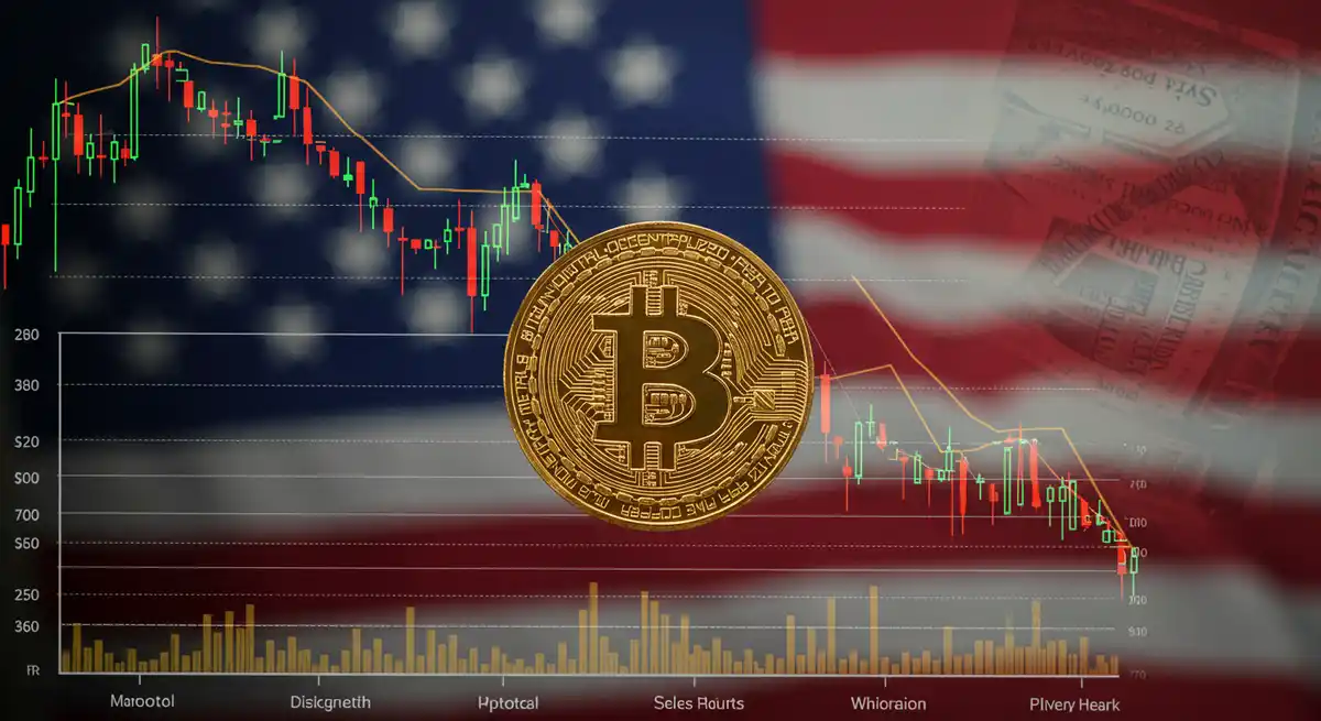 ビットコイン価格が8万ドルを下回る下落チャートと米国の関税政策イメージ