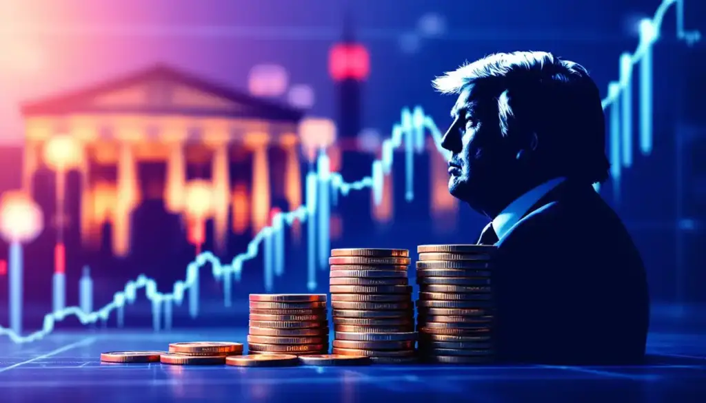 仮想通貨の価格上昇グラフとトランプ関税政策を表すイメージ