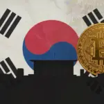 韓国ウォンとビットコインが韓国国旗の背景に配置された画像