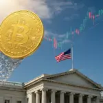 米国旗を背景にした上昇するビットコインと仮想通貨チャート