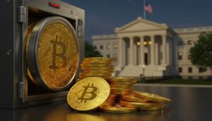 米国財務省の建物をバックに金塊からビットコインへ置き換わる様子を描いたイメージ