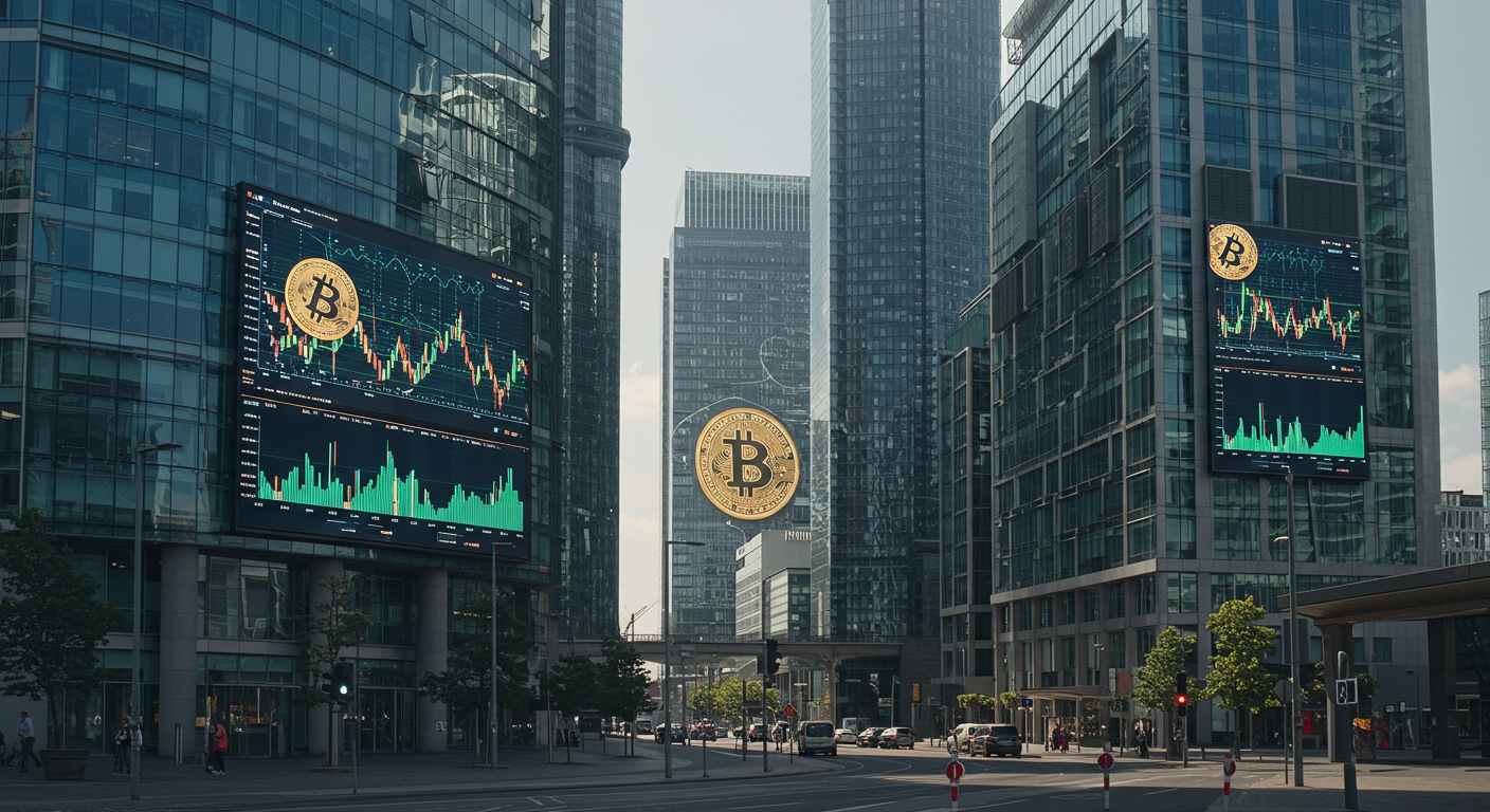 ビットコインのシンボルが映し出された欧州金融街の高層ビル群と仮想通貨取引画面
