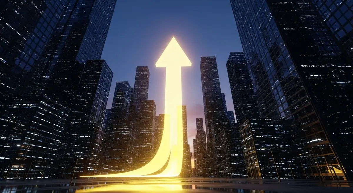大都市とこれから伸びる仮想通貨をイメージさせる矢印